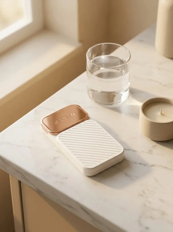pilulier sereva pose sur table marbre blanc